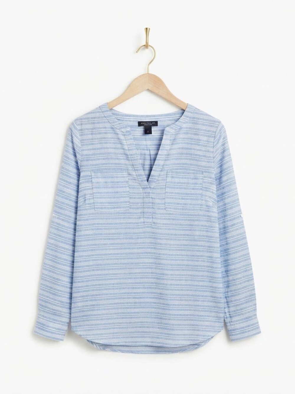 Ann Taylor Factory Blouse Top Small Blue White Striped Linen Blend V-Neck Pocket